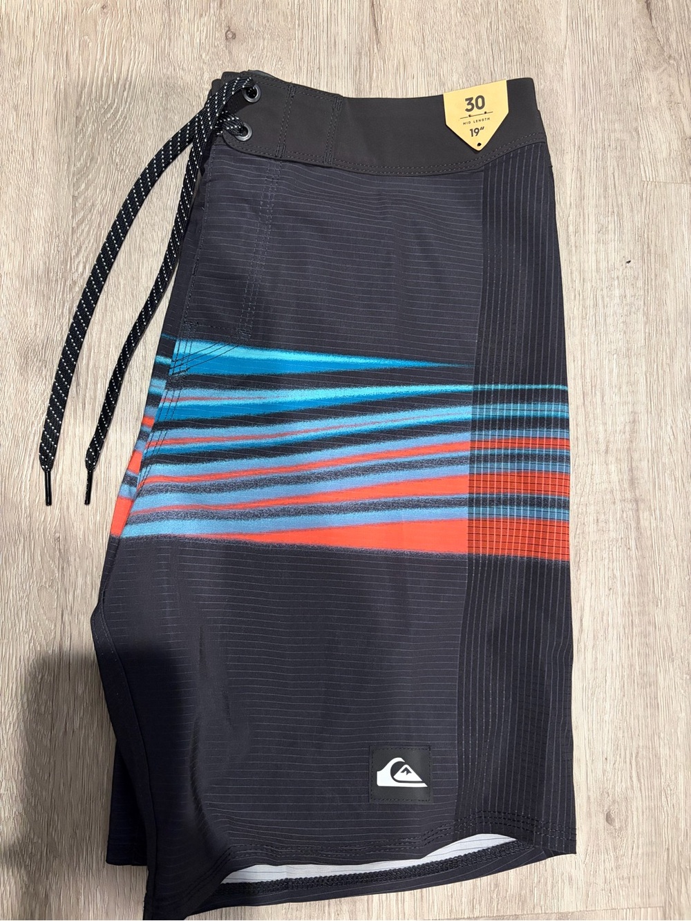 Quiksilver Men’s Black Swim Boardshorts with Blue & Red Stripe